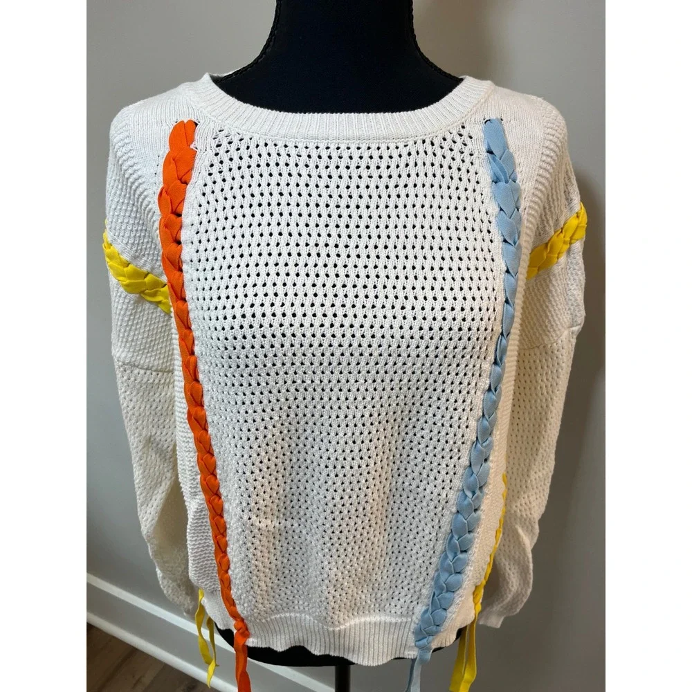 Gabby Isabella White‎ Cotton Knit Rainbow Ribbon Lace Up Sweater L Spring Easter